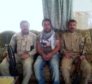 ezidiPress correspondent Ahmed Shingaly together with Ezidi commanders Sheikh Dawud (left) and Haydar Shesho (right)